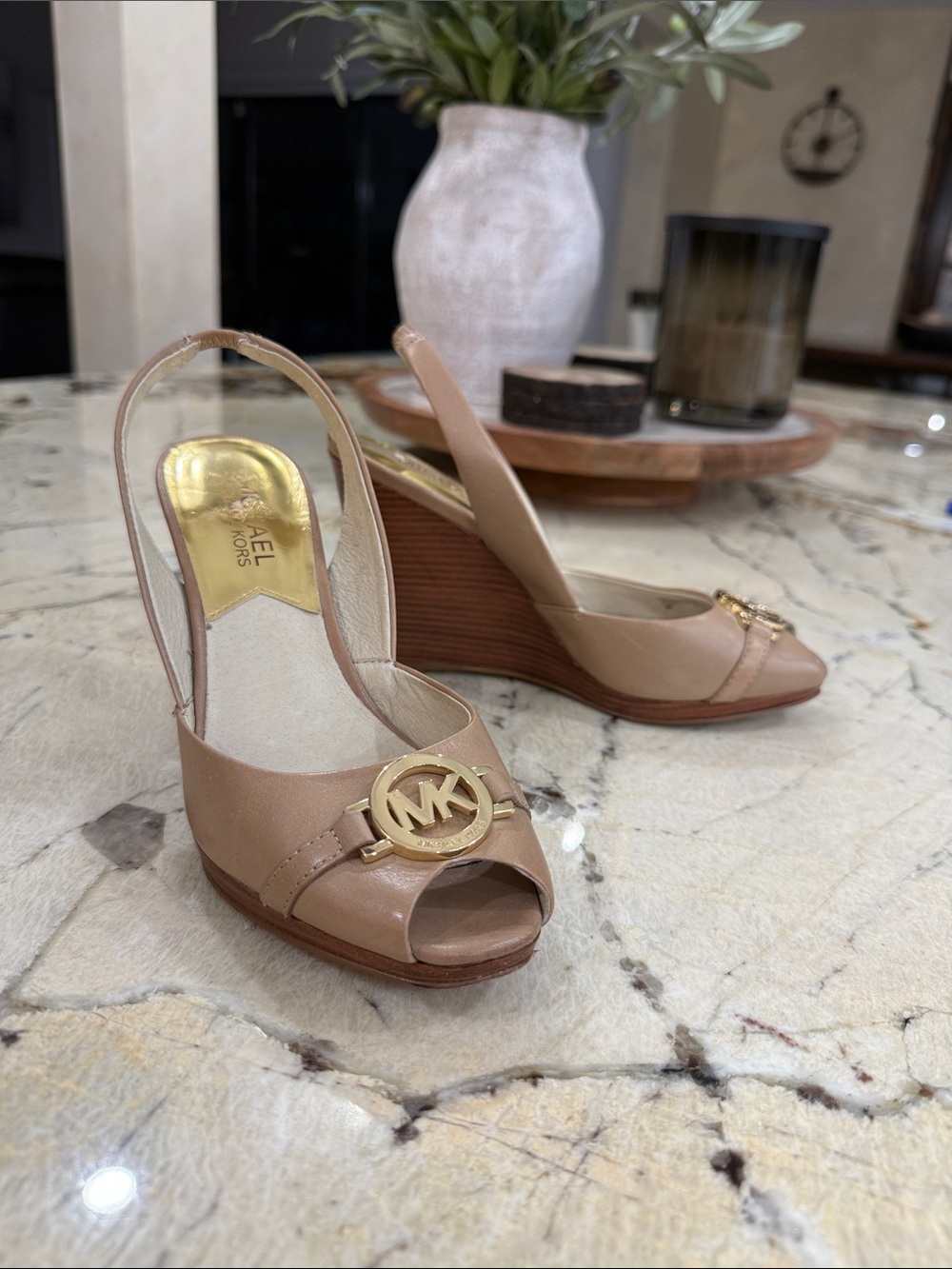 Michael Kors Beige Patent Peep-Toe Wedge Slingbacks with Gold MK Logo
